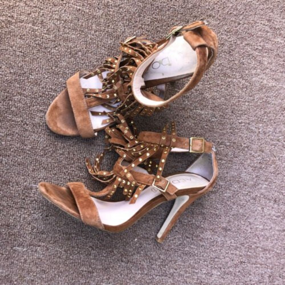 Aldo suede fringe sandal stilettos womens size 7 brown western boho rodeo